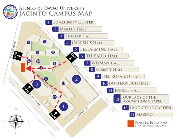 Ateneo de Davao University Jacinto Campus map showing Finster Hall.